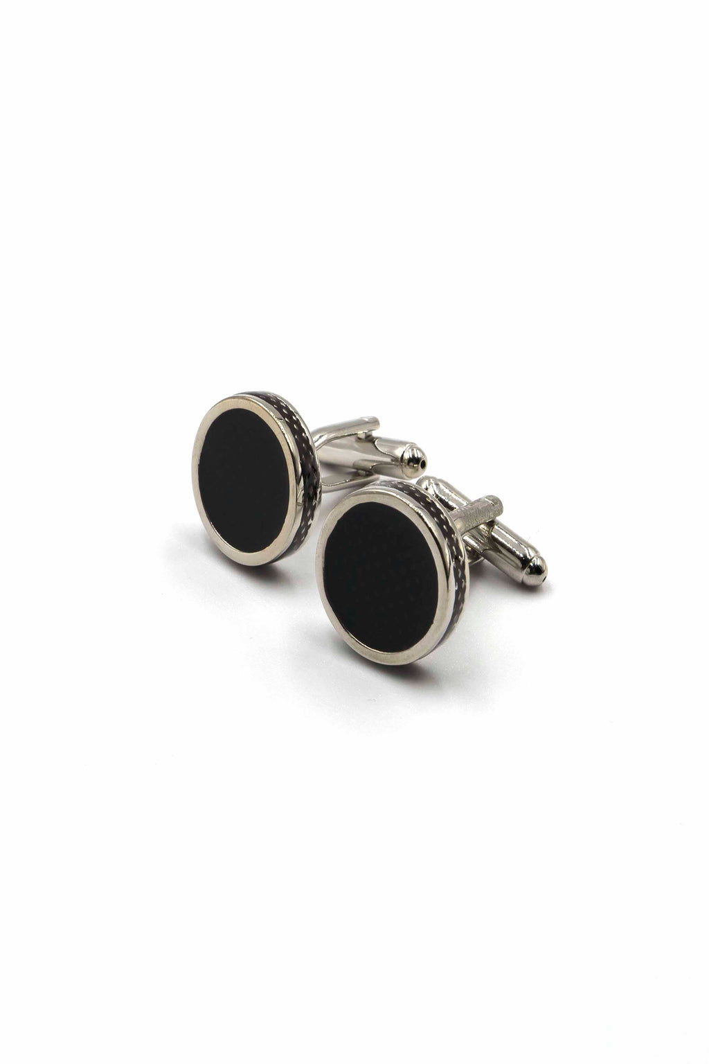 Silver Round Ridged Cufflinks with Black Onyx