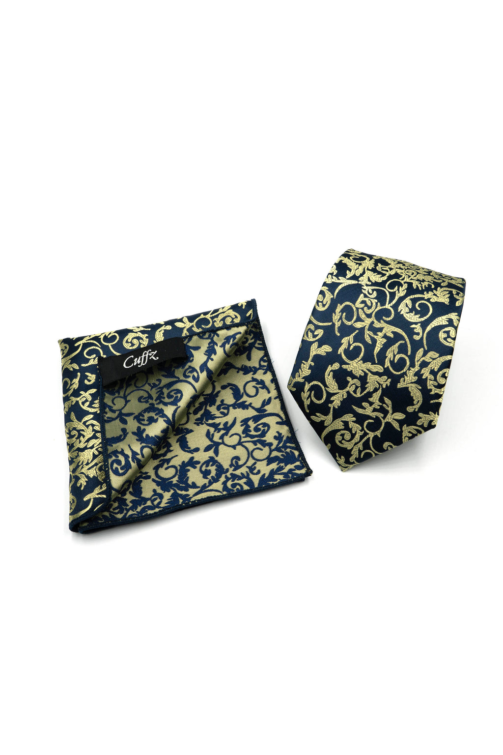 Gold Motif in Navy Background Pocket Square and Necktie Set