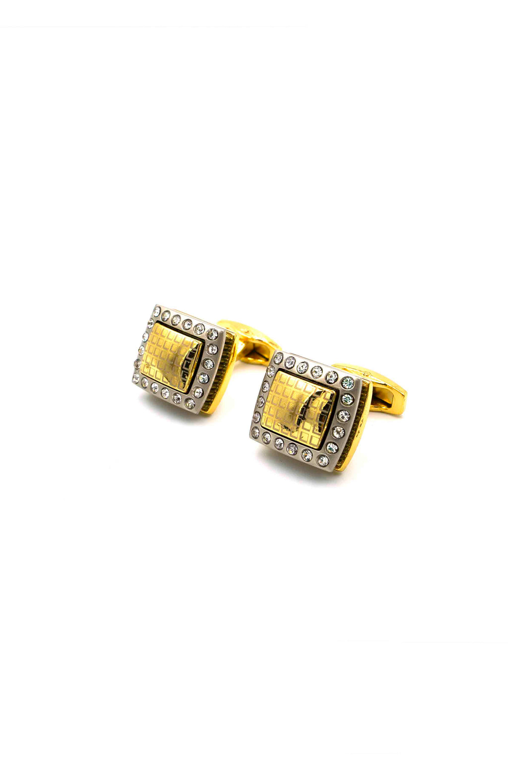 Gold Rectangular Cufflinks with Silver Diamantes Border