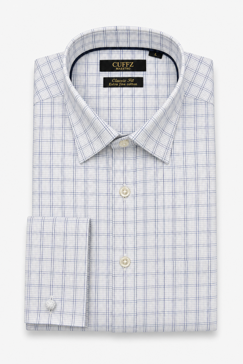 Navy Windowpane Check French Cuffs Dress Shirt in Egyptian Giza Cotton