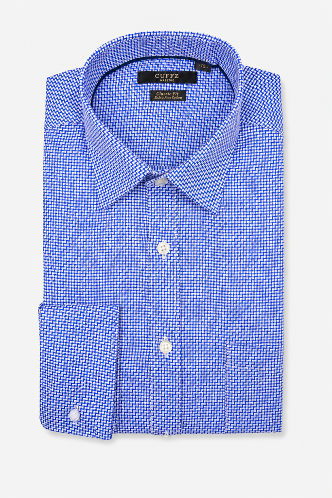 Royal Blue Micro Zigzag French Cuffs Dress Shirt in Egyptian Giza