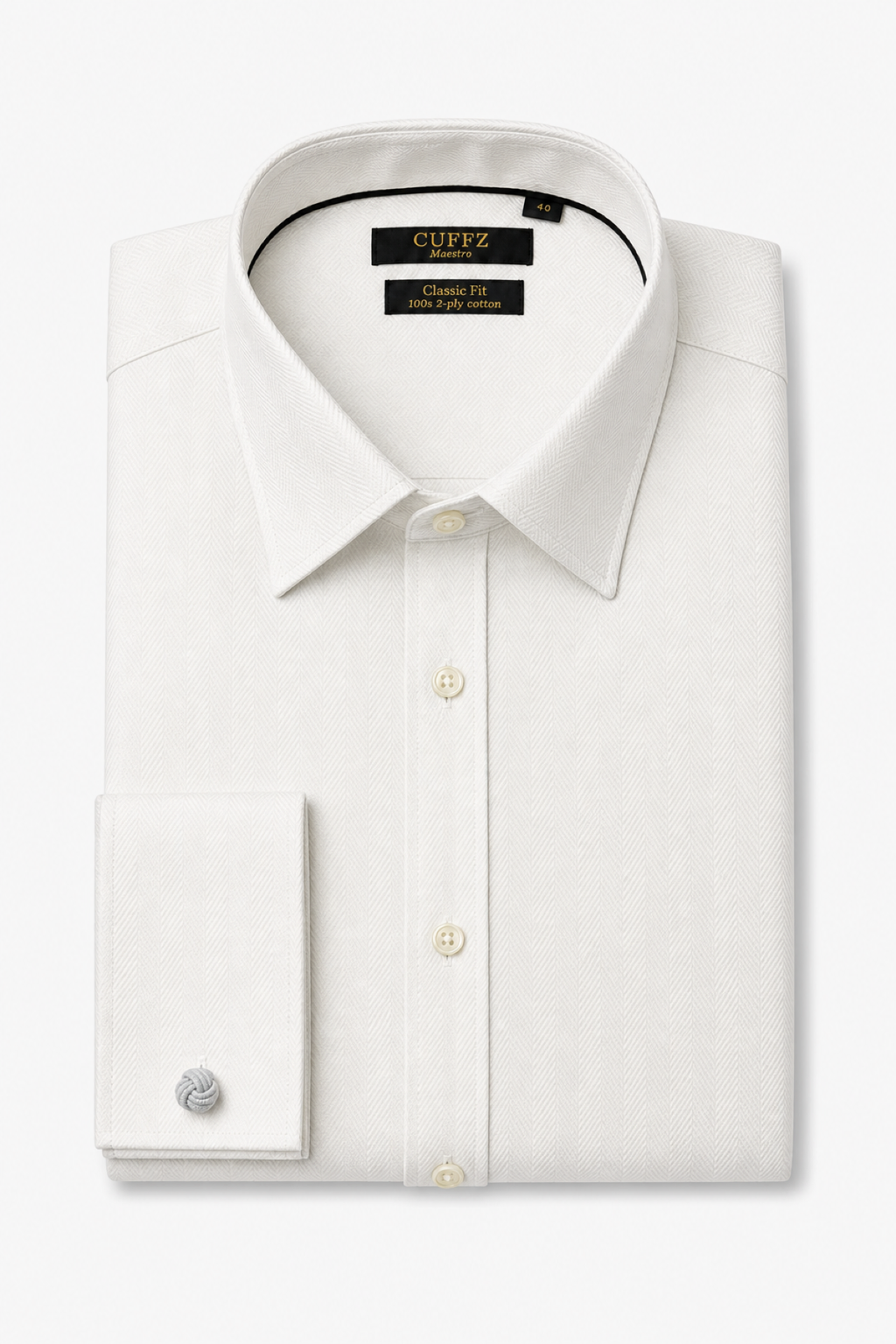 White Herringbone French Cuffs Dress Shirt in Egyptian Giza Cotton