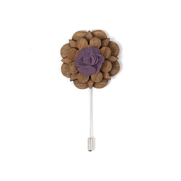 Wooden lapel pin with lavender rustic yarn - Cuffz