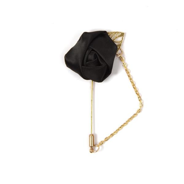 Black flower lapel pin with gold leaf and chain - Cuffz