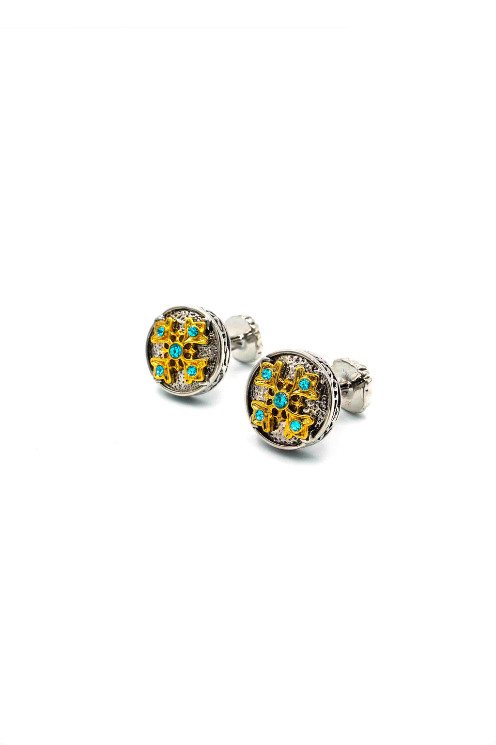 Silver Intricate Patterned Cufflinks with Blue Diamantes