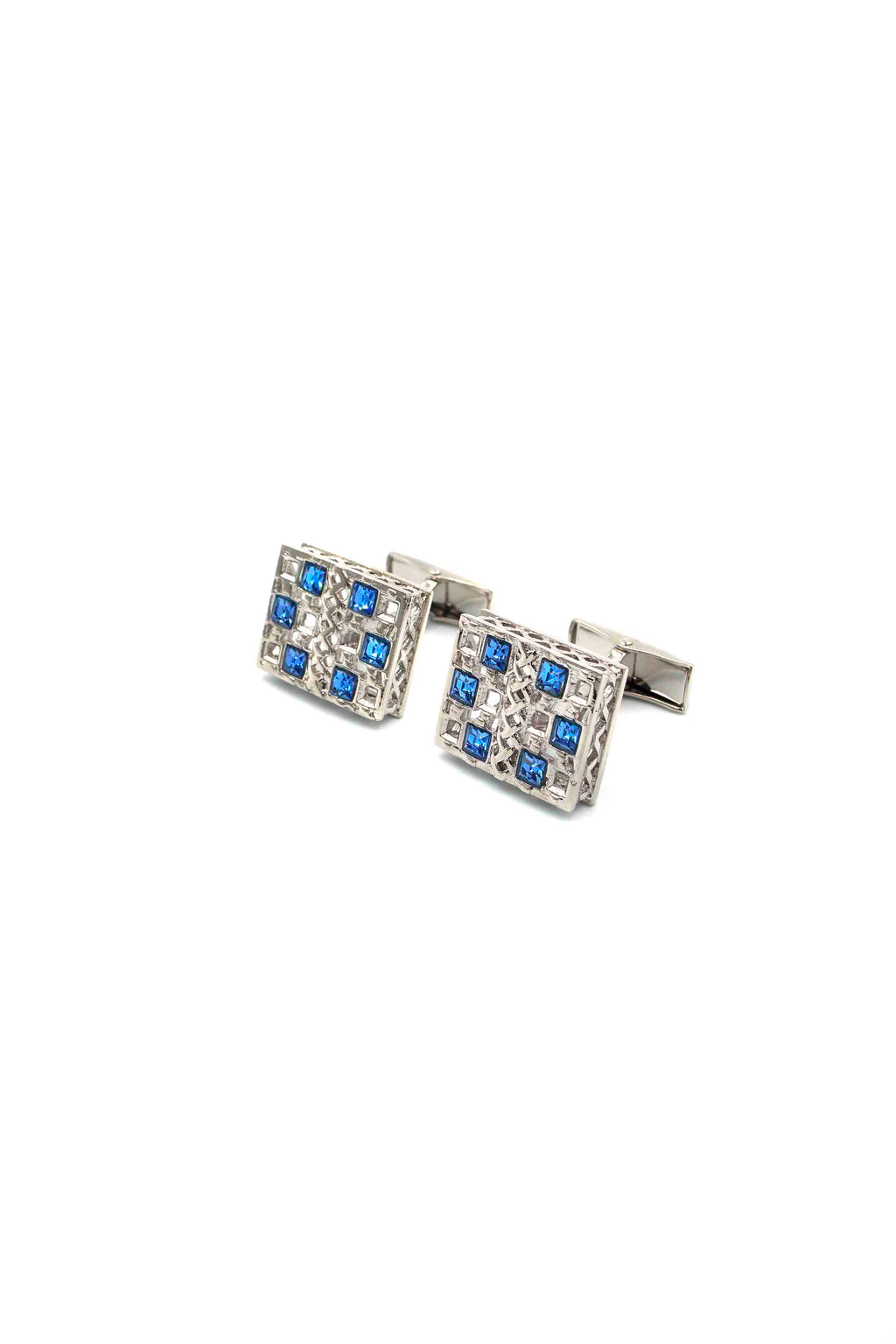 Rectangular Silver Cufflinks with Blue Diamantes