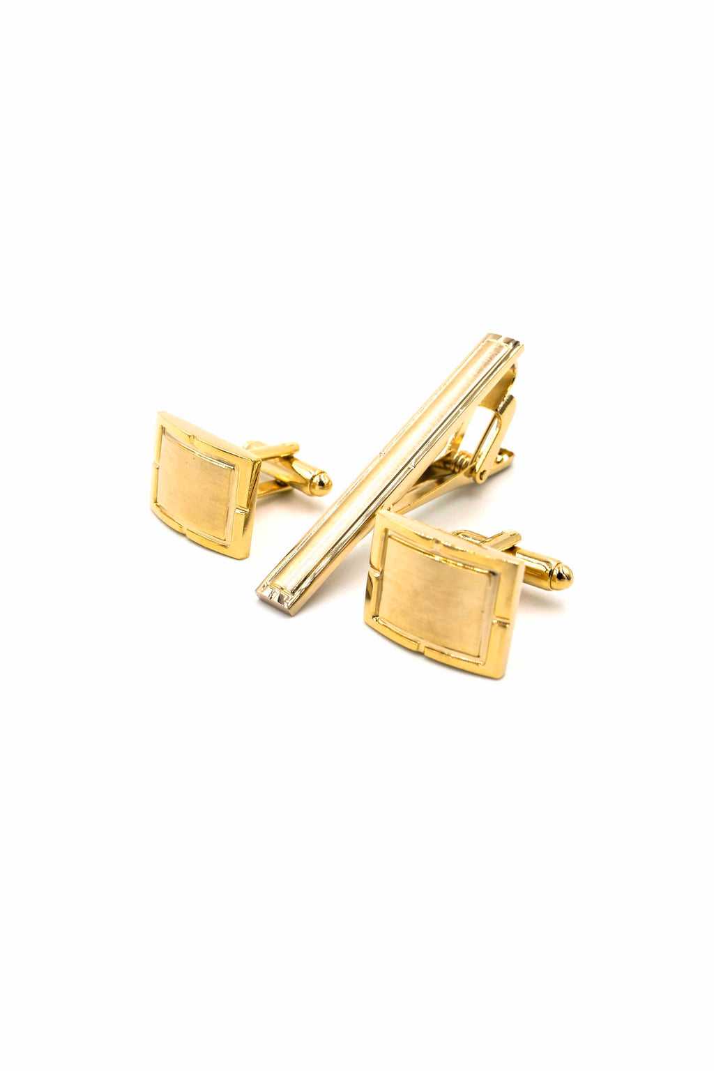 Gold Rectangular Border Cufflinks and Tie Clip Set